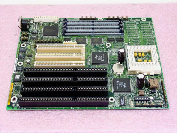 Intel AA635056-004 Socket 5 AT motherboard — top-down front view showing PCI and ISA expansion slots and SIMM memory banks