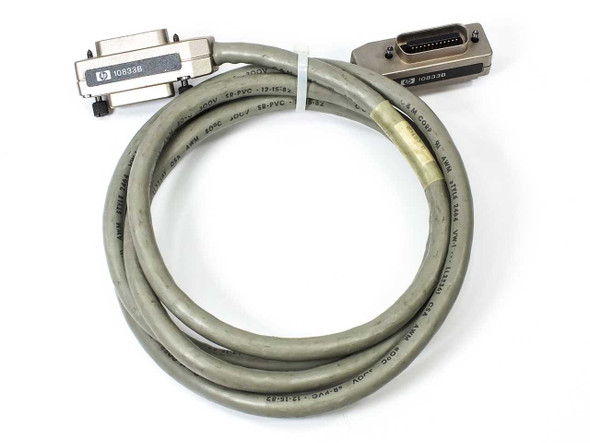 HP 10833B HPIB GPIB IEEE-488 cable, full length view showing both 24-pin Centronics connectors and gray 2-meter cable coiled