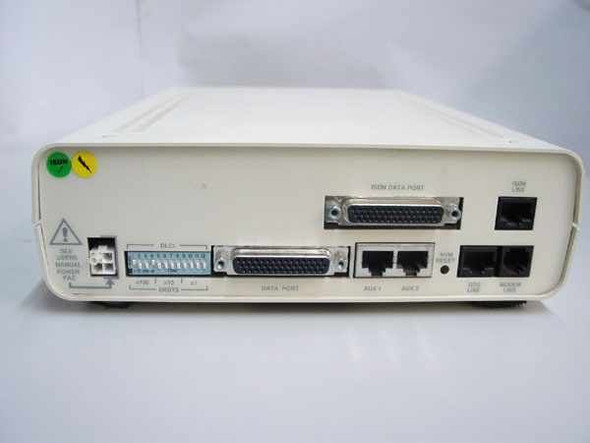 CRC NetPath 64 Frame Relay DSU rear panel showing DB-50 ISDN data port, DB-25 data port, two AUX RJ ports, ISDN line port, DDS line port, and modem line port