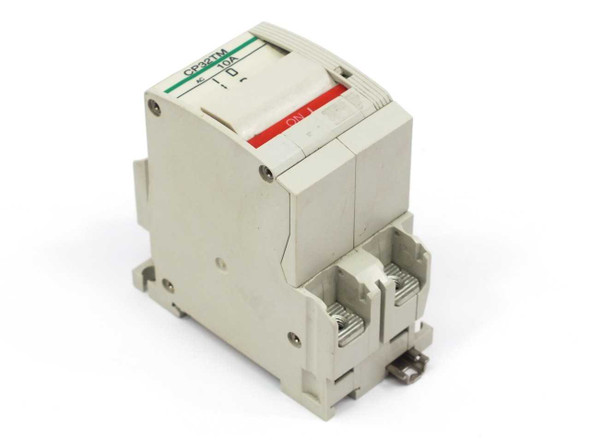 Fuji Electric CP32TM/10 CP32T-M010 2-pole circuit protector right-side angled view showing DIN rail clip and 10A marking