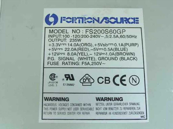 Fortron Source FS200S60GP specification label showing 235W output, 100-240V input, and rail current ratings