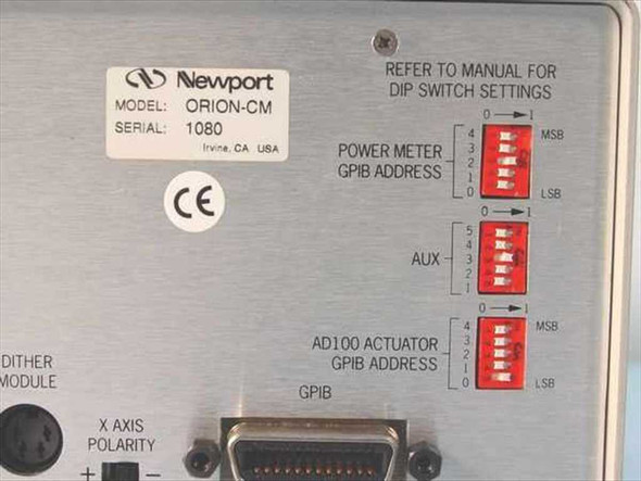Newport ORION-CM rear panel label showing Model ORION-CM, Serial 1080, Irvine CA USA, CE mark, and DIP switch configuration diagram for GPIB addresses