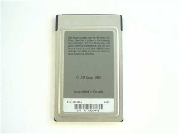 AST TR 16/4 PCMCIA Token Ring Adapter 230372-001 – rear view showing FCC compliance text, IBM Corp 1992 copyright, and Assembled in Canada label