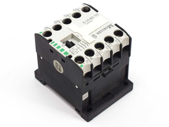 Moeller DIL EM-01-G contactor angled rear-left view showing DIN rail mounting base and side terminals