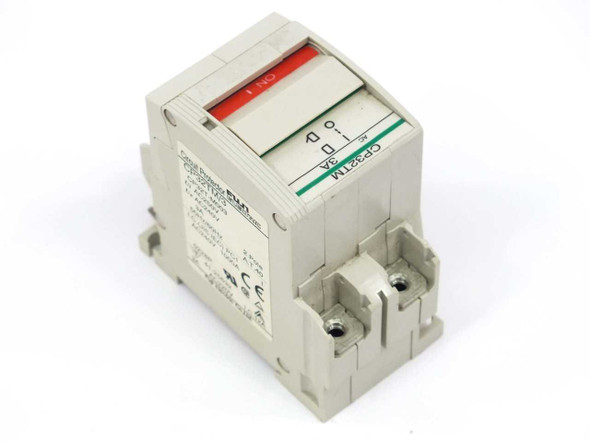 Fuji Electric CP32TM/3 Circuit Protector angled side view showing toggle handle, label side, and screw terminals