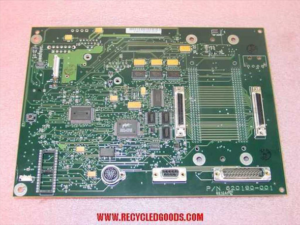Exabyte 620190-001 backplane PCB reverse side showing part number label, Mini-DIN connector, SCSI-style edge connectors, and secondary IC cluster — rear view