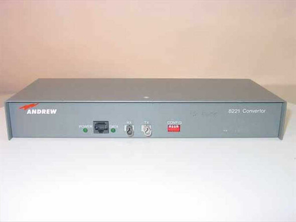 Andrew 8221 Fiber Optic Converter front panel showing POWER indicator, RX and TX fiber ports, and CONFIG DIP switch bank