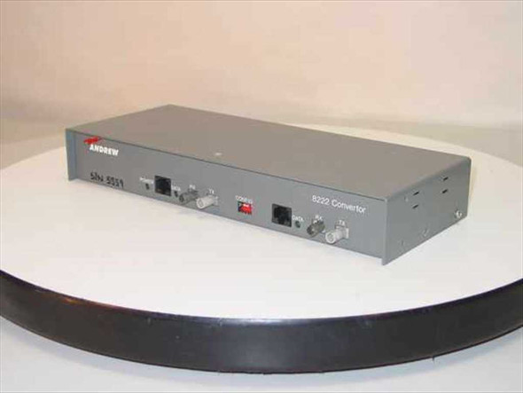 Andrew 8222 Fiber Optic Converter – front panel view showing DATA RJ-45 port, RX and TX ST fiber connectors, and unit label