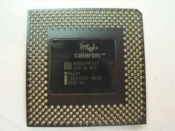 Intel Celeron SL35S B80524P366 — underside showing printed markings, SL35S stepping, and PGA370 pin array