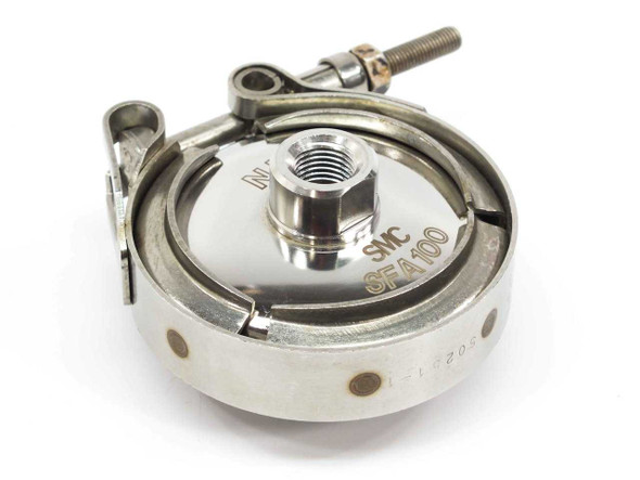 SMC SFA100 clean gas filter – top-down view showing filter disc body, center port fitting, and full clamp ring with tightening bolt