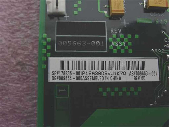 Compaq 178936-001 riser card label closeup showing SP#178936-001, AS#009663-001, DG#009664-000, Rev 0D, Assembled in China