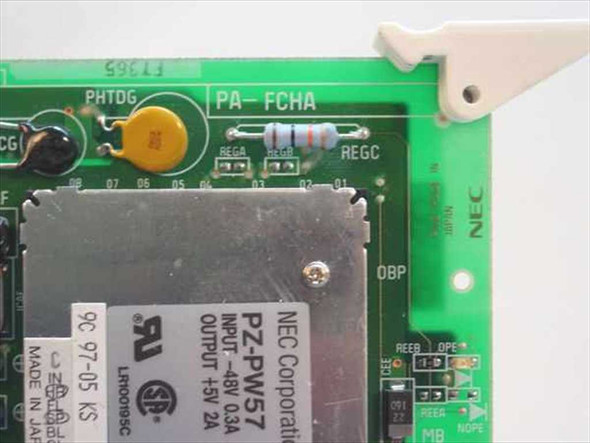 NEC PA-FCHA board close-up showing PA-FCHA label, NEC PZ-PW57 power module with -48V input / +5V output rating plate, and NEC Japan markings