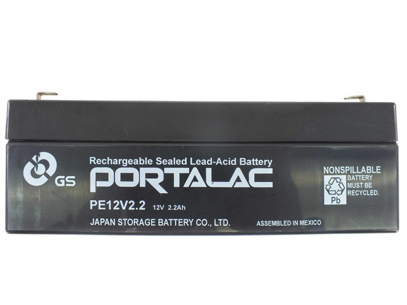 GS Portalac PE12V2.2 12V 2.2Ah sealed lead-acid battery front label view showing model and voltage markings