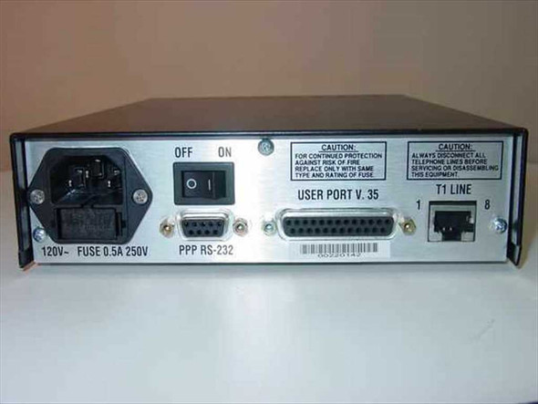 Astrocom SP100SA rear panel showing IEC power inlet, ON/OFF switch, PPP RS-232 DB-9, V.35 user port, and RJ-48C T1 line port