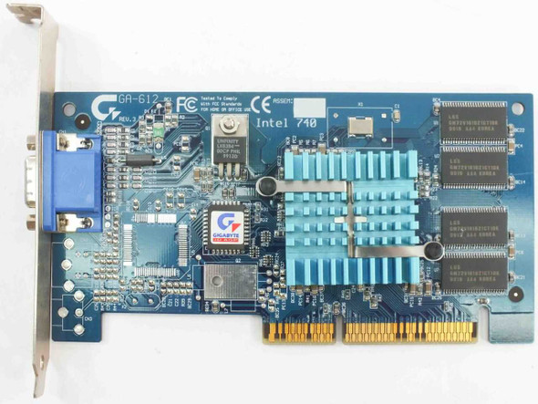 Gigabyte GA-612 Intel 740 8MB AGP video card – top-down front view showing Intel 740 chip label, blue heatsink, four SDRAM chips, and VGA port