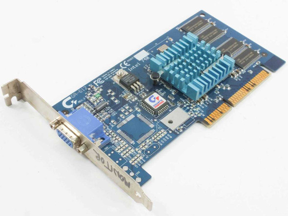 Gigabyte GA-612 Intel 740 8MB AGP video card – angled top view showing PCB, heatsink, and VGA bracket with MONITOR label written on bracket