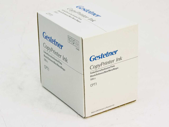 Gestetner CPT1 CopyPrinter Ink Black 500cc box — angled side view showing sealed carton and label detail