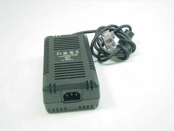 MaxiLAN 2-557300-00 UP30433 scanner power supply – front left view showing ribbed black enclosure with attached AC power cord and output connector