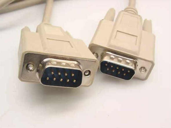 Close-up of both DB9 9-pin male connectors side by side showing gold pins and thumbscrew hardware
