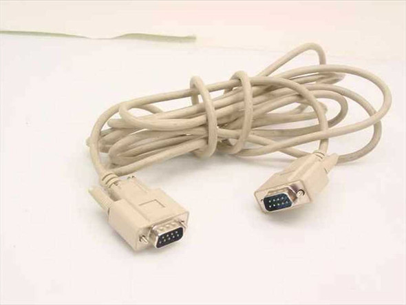DB9 male to male RS-232 serial cable coiled, full length view showing both 9-pin connectors