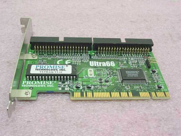 Promise Ultra66 PCI IDE controller card – top view showing two 40-pin IDE connectors, Promise Technology chip, and Ultra66 V1.12 BIOS chip