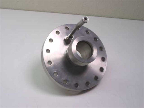 MDC stainless steel vacuum flange — angled top view showing 16-bolt-hole pattern and 1/4" tube fill port protruding from top