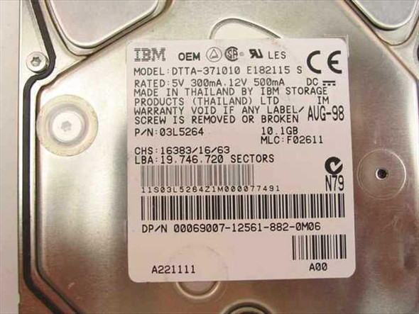 IBM DTTA-371010 close-up of drive label showing model, P/N 03L5264, 10.1GB, AUG-98 warranty date, and Dell OEM part number
