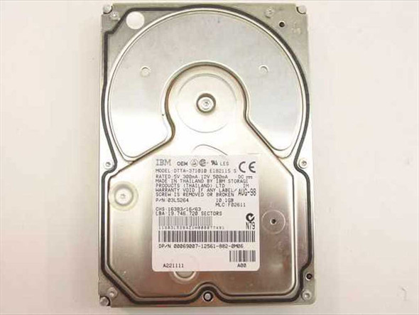 IBM DTTA-371010 10.1GB 3.5" IDE hard drive – top label view showing model and part number