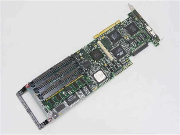 DPT PM3754U2 SmartRAID V RAID card — alternate top-side angle showing SCSI connectors, cache SIMM slots, and PCI edge connector