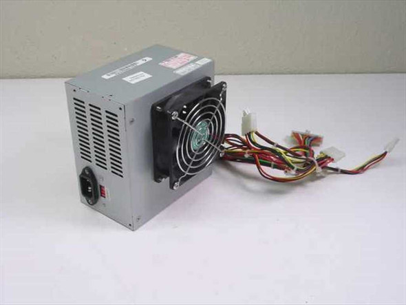 Power Tronic PK-6145DT3 145W ATX power supply — side and rear view showing AC inlet, fan grille, and output cable harness