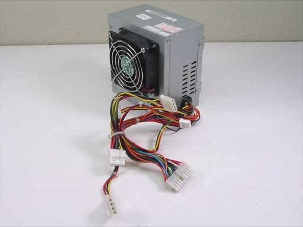 Power Tronic PK-6145DT3 145W ATX switching power supply — three-quarter front view showing fan and output harness with Molex and floppy connectors