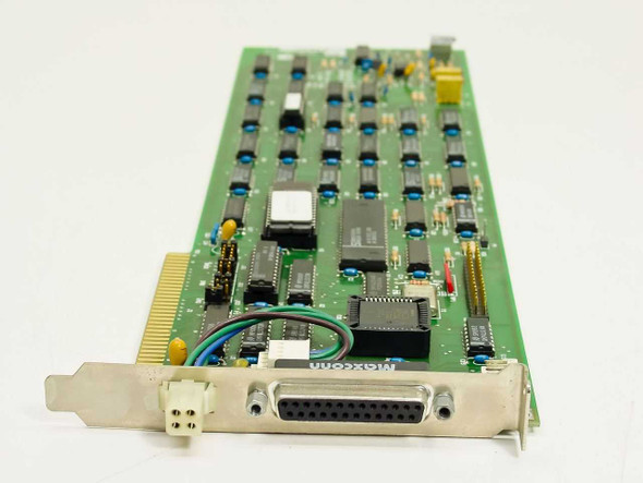 Mountain 05-30466-02 ISA Tape Controller Card – angled view showing DB25 connector bracket, Moxcon chip, and component side detail