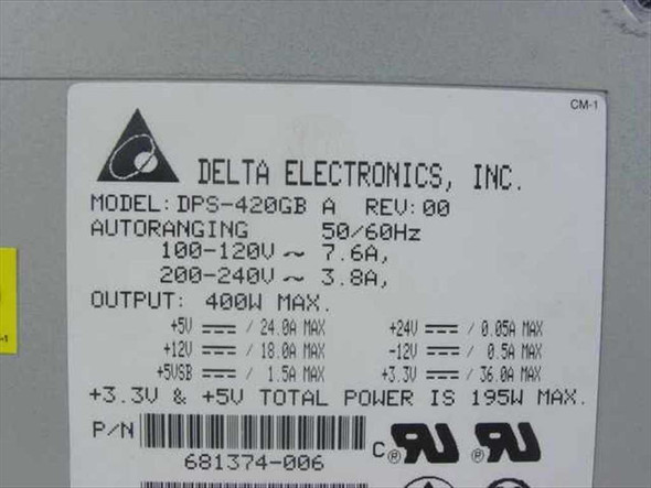 Delta Electronics DPS-420GB label showing model number, Rev 00, input/output specs, and part number 681374-006