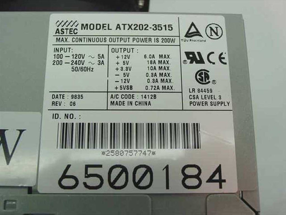 Gateway Astec ATX202-3515 power supply label – showing model number, input/output specs, date code 9835, Rev 06, certifications, and part number 6500184