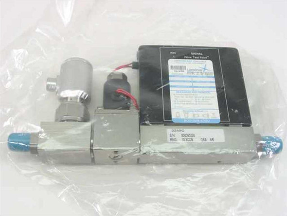 MKS 2259C Mass Flow Controller rear/top view showing calibration label, signal connector block, and integrated solenoid shut-off valve