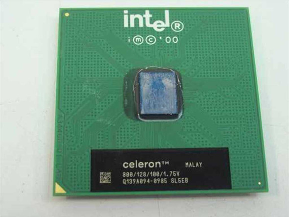 Intel Celeron SL5EB 800MHz PGA370 CPU — top view showing Intel iMC 2000 logo and Celeron label with 800/128/100/1.75V spec markings