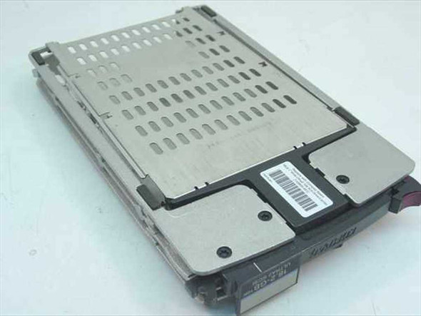 Compaq 143920-001 18GB Ultra2 SCSI hot-plug drive caddy – side and rear view showing drive label and barcode sticker on carrier
