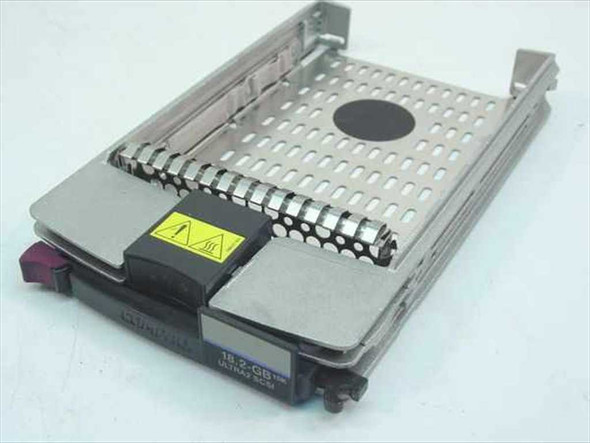 Compaq 143920-001 18GB Ultra2 SCSI hot-plug hard drive caddy – front/top view showing drive seated in carrier tray with purple latch handle