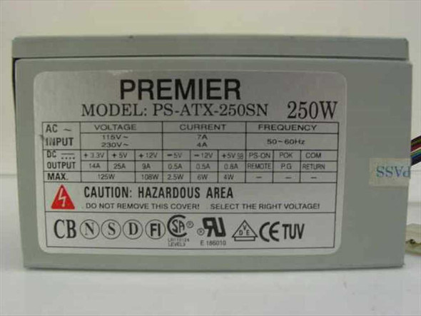 Premier PS-ATX-250SN label detail showing voltage, current, and frequency specifications on side panel