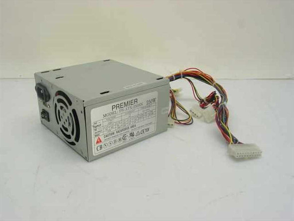 Premier PS-ATX-250SN 250W ATX power supply – three-quarter front view showing casing, fan, and output harness bundle