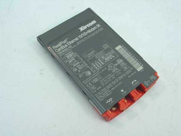 Xircom RBEM56G-100 RealPort CardBus Ethernet 10/100 Modem 56 — back label view showing model number and regulatory markings