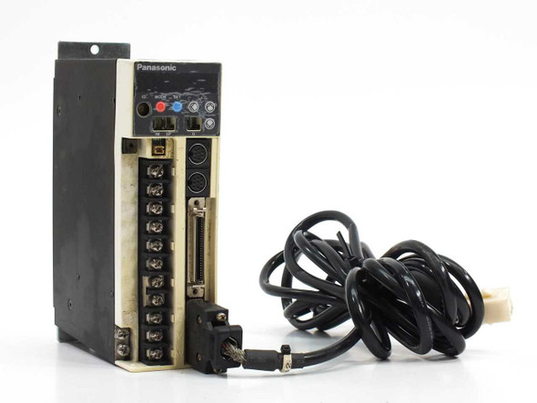 Panasonic MSDA023D1A AC Servo Driver front panel view with terminal block, D-sub connector, and attached motor cable