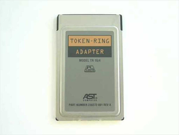 AST Computer 230372-001 TR 16/4 Token Ring PCMCIA Adapter Card front label view showing model and part number