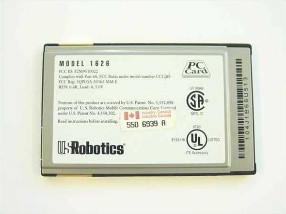 US Robotics Sportster 1626 PCMCIA modem — rear label showing FCC ID, power rating 0.6A 5.0V, certifications, and Industry Canada mark