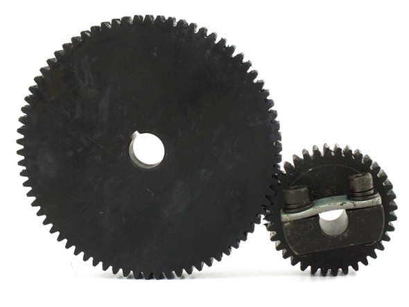 Jolt Transparency Enhancer steel reduction gear set — large 74-tooth and small 34-tooth spur gears side by side, front view showing clamp hub on small gear