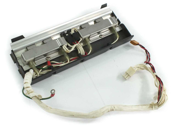 Ceramic heating element assembly top-open view showing two ceramic encapsulated heater bars, wiring, and optical sensor inside black housing
