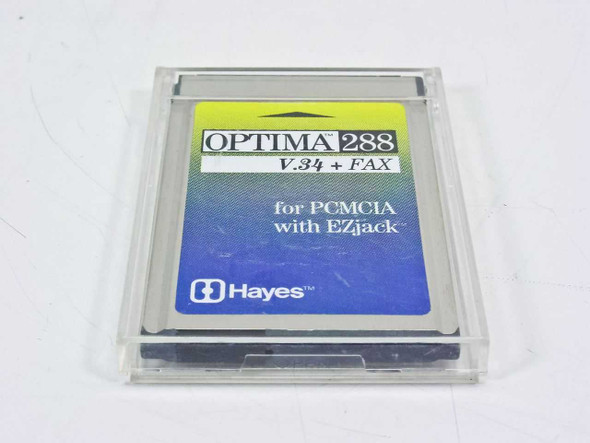 Hayes Optima 288 534PAM V.34 Fax PCMCIA modem front label in clear plastic storage case