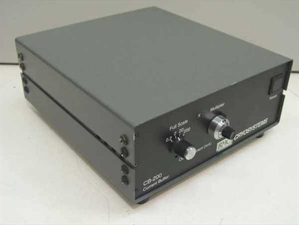 RMC Cryosystems CB-200 Current Buffer — right-front three-quarter view showing Full Scale selector, Multiplier knob, and Power switch on front panel