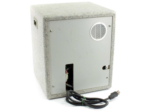 Rear view of Allen-Bradley heat flow controller enclosure showing ventilation grille, AC power cord, and gray steel back panel