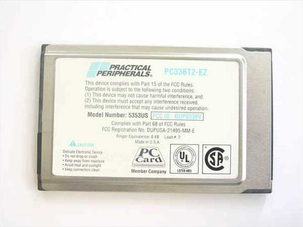 Practical Peripherals ProClass PC336T2-EZ rear label showing model number, FCC ID, model 5353US, PC Card and UL markings